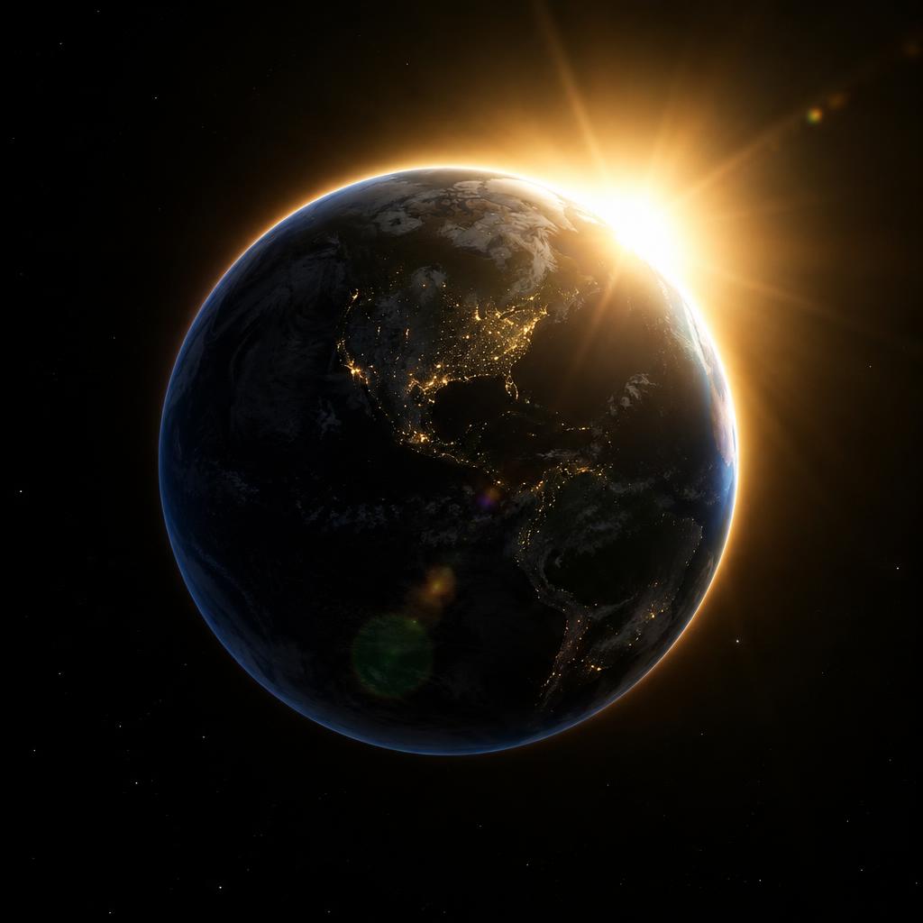 Planet Earth silhouetted against a brilliant sun flaring behind its horizon