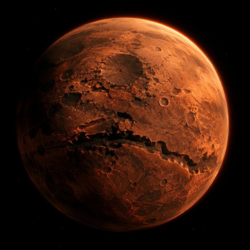 Cracked rust-red desert planet with canyon rifts