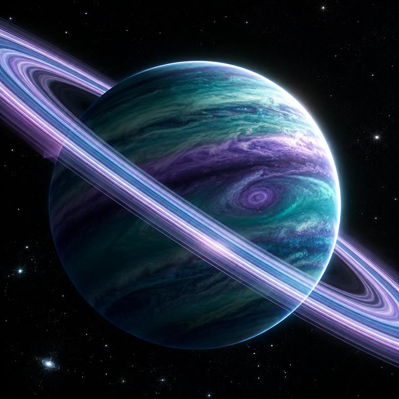 Swirling teal and violet ringed gas giant